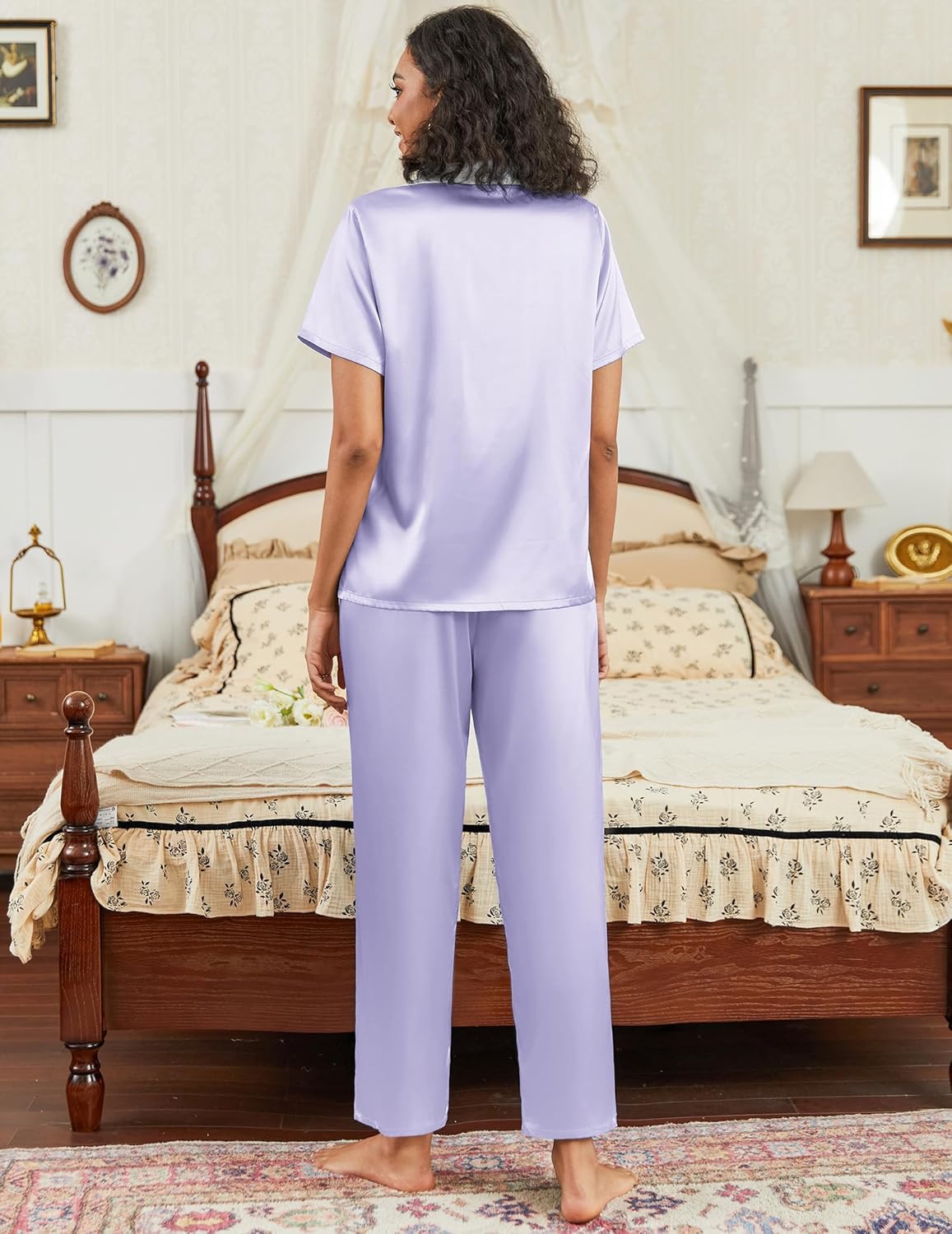 Satin pajama set in lavender with short-sleeve button-down top and matching straight pants