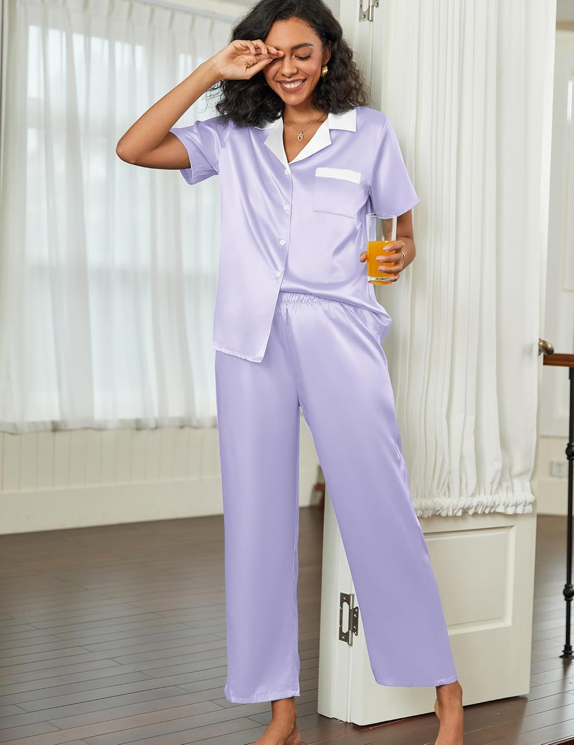Lavender satin pajama set with short-sleeve button-down top and wide-leg pants