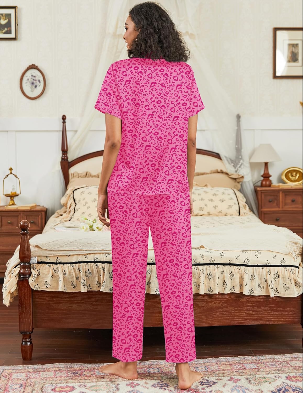 Ekouaer pink satin pajama set, short-sleeve button top and matching relaxed pants