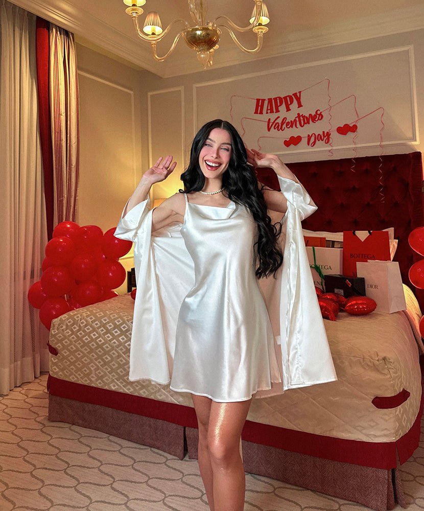 White satin robe and cami dress set, V-neck slip with short robe sleeves