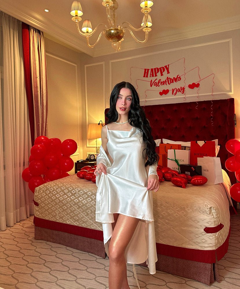 White satin slip dress with matching robe, sash belt and layered drape