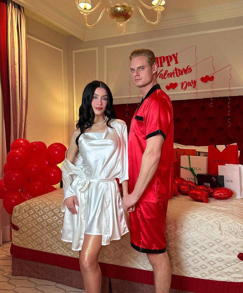 White satin robe and slip dress set on model, draped robe over shoulders