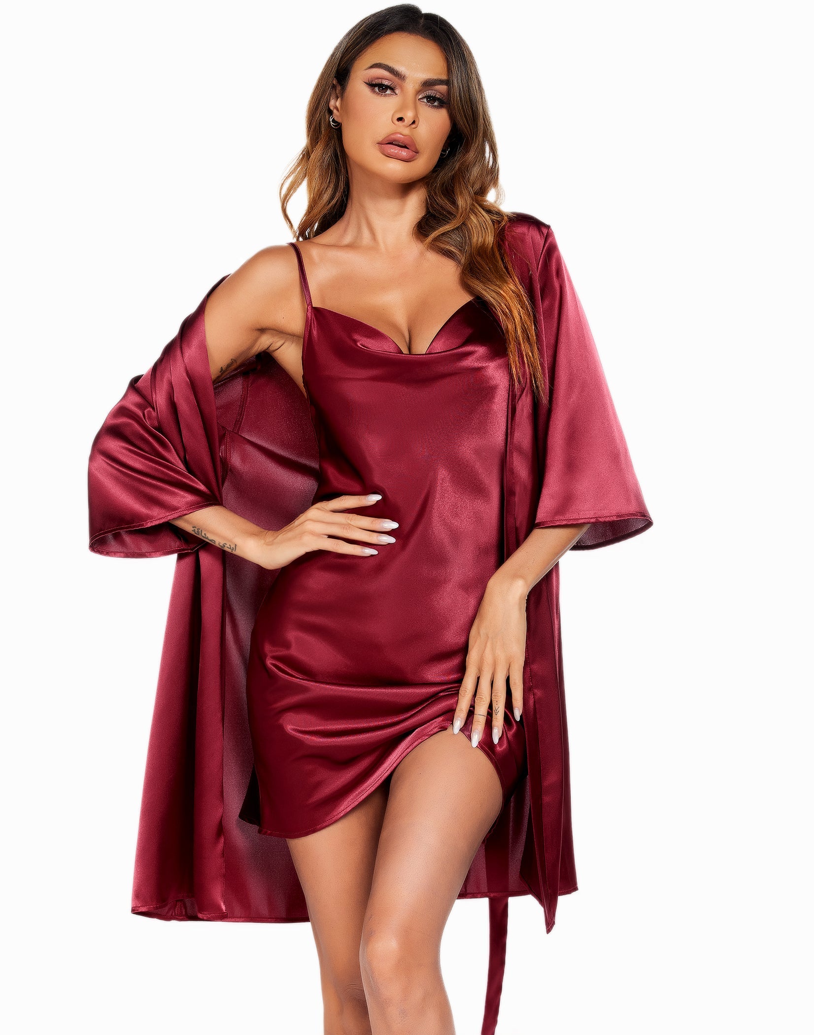 Wine red satin cami dress set with matching robe, draped V-neck slip