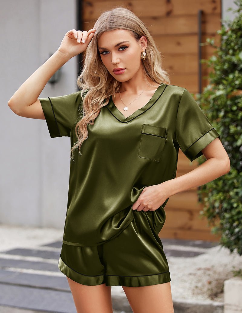 Olive green satin short-sleeve pajama set with chest pocket, contrast piping, drawstring shorts
