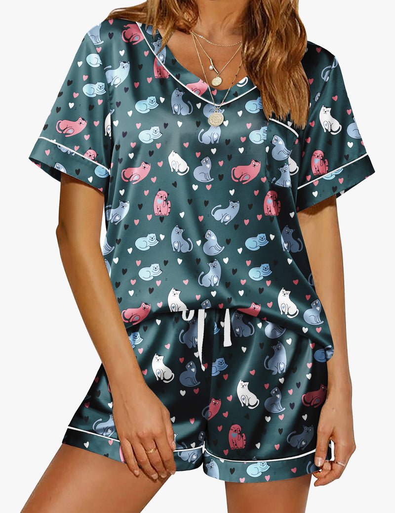 Teal cat-print satin pajama set with short sleeves and matching shorts