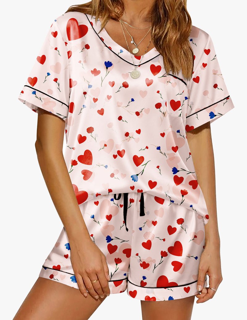 White heart-print satin pajama top and shorts with short sleeves and contrast trim