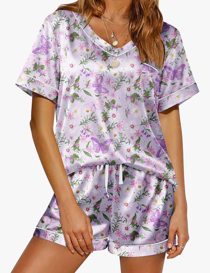 Lavender butterfly floral satin pajama set with short sleeves and matching shorts