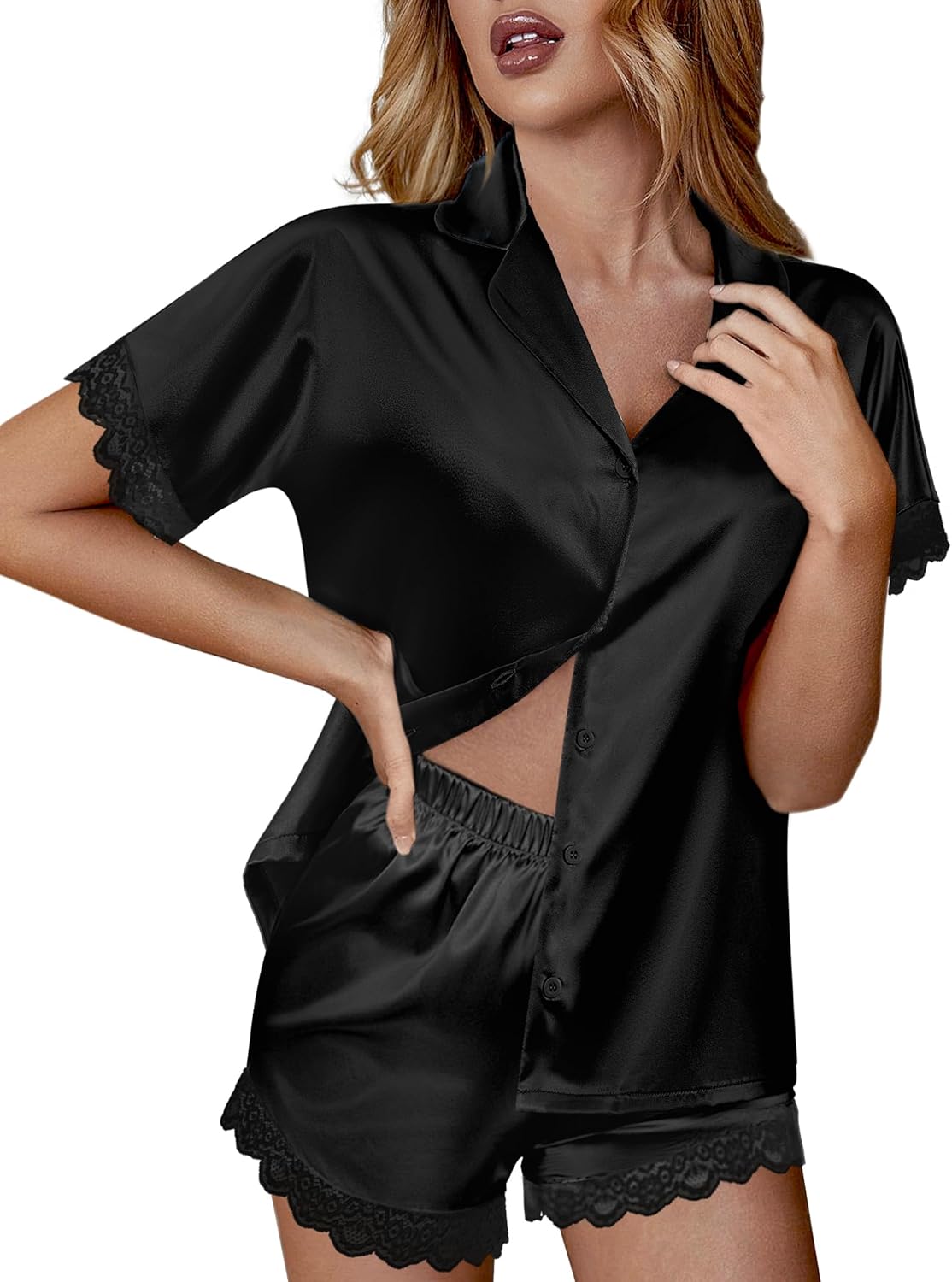 Black satin pajama set with V-neck button short-sleeve top and lace-trim pull-on shorts