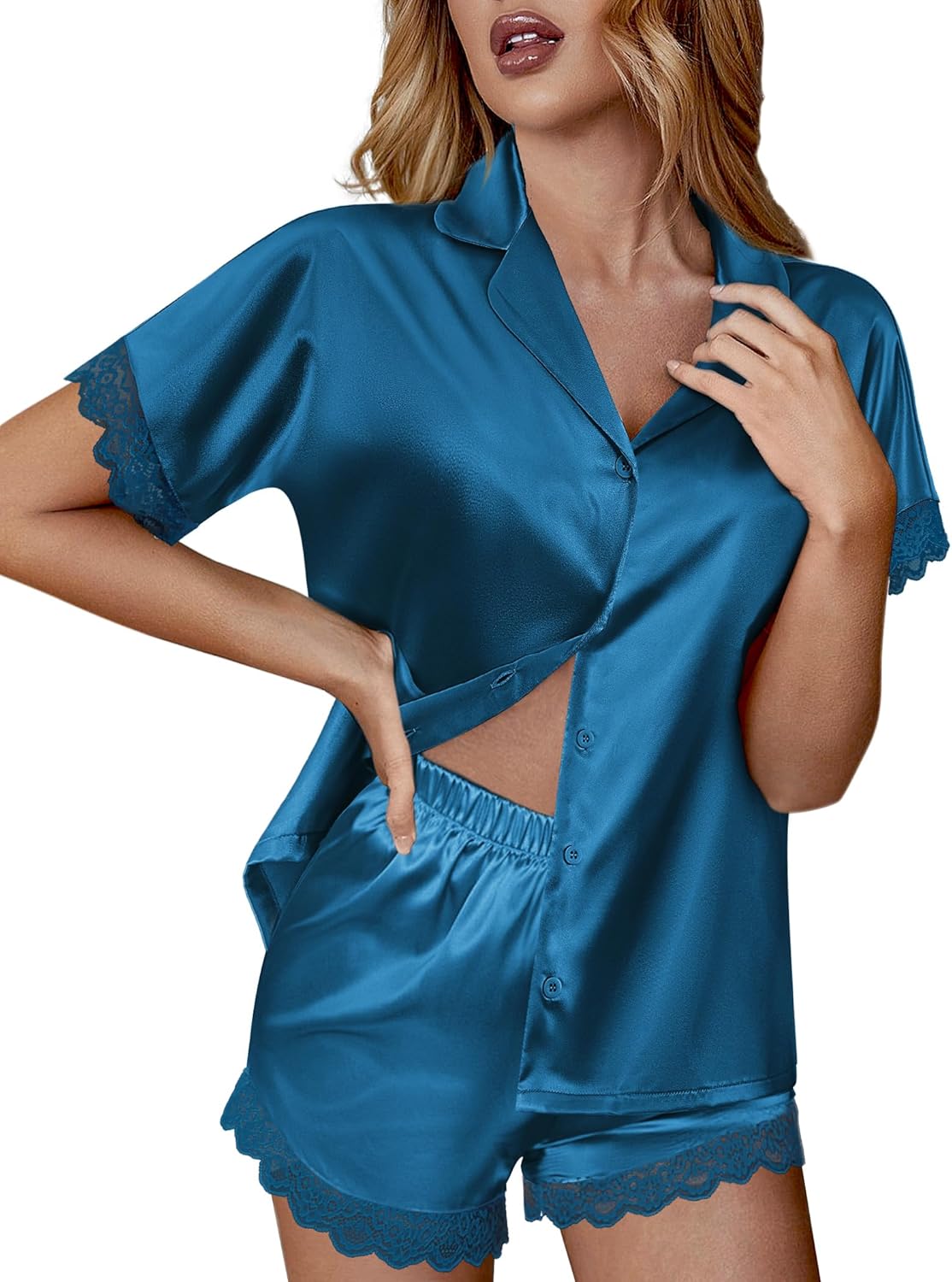 Blue satin pajama set with lace trim, button-front short top, and matching shorts