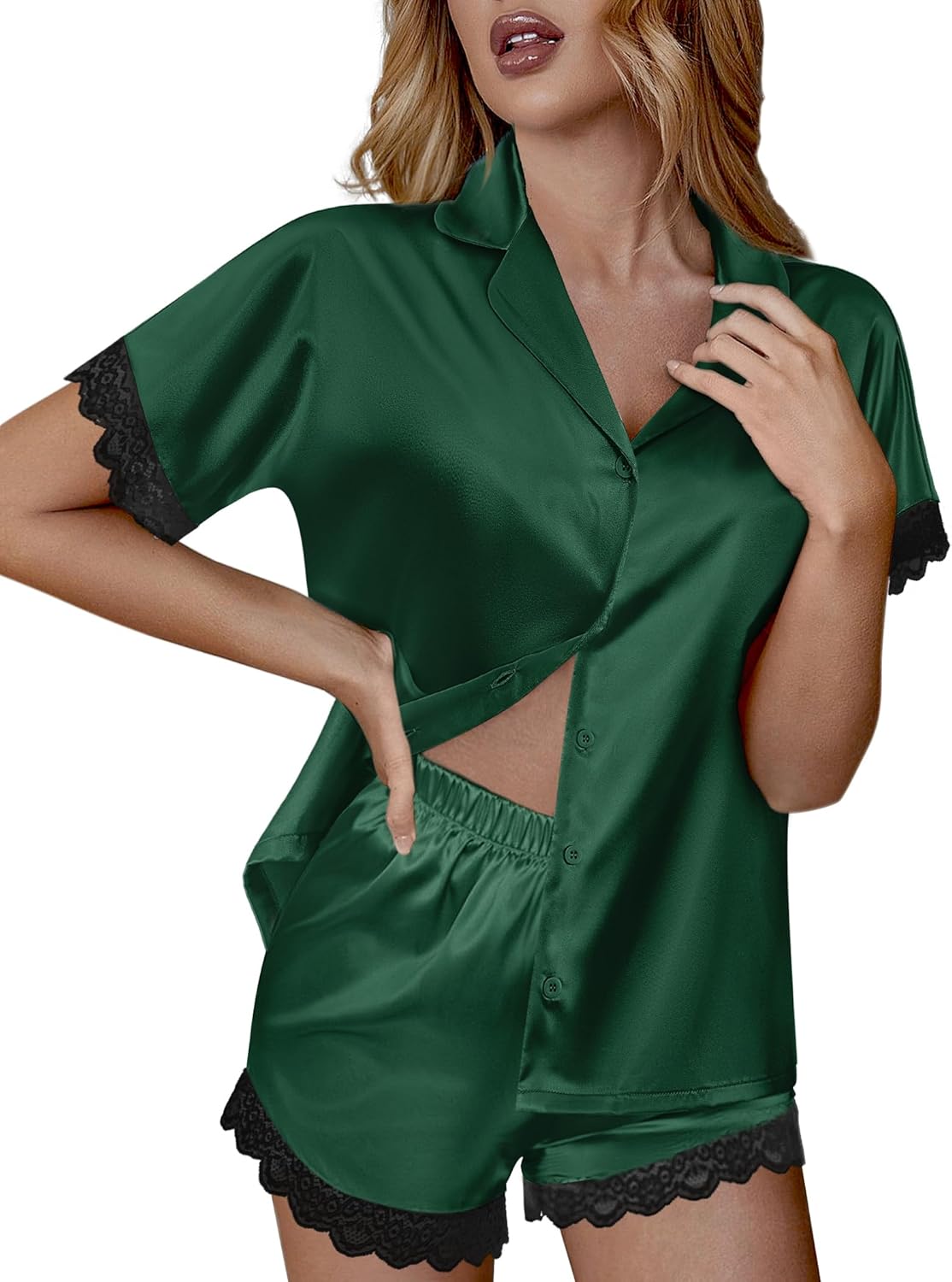 Green satin pajama set with short-sleeve button top and lace-trim shorts