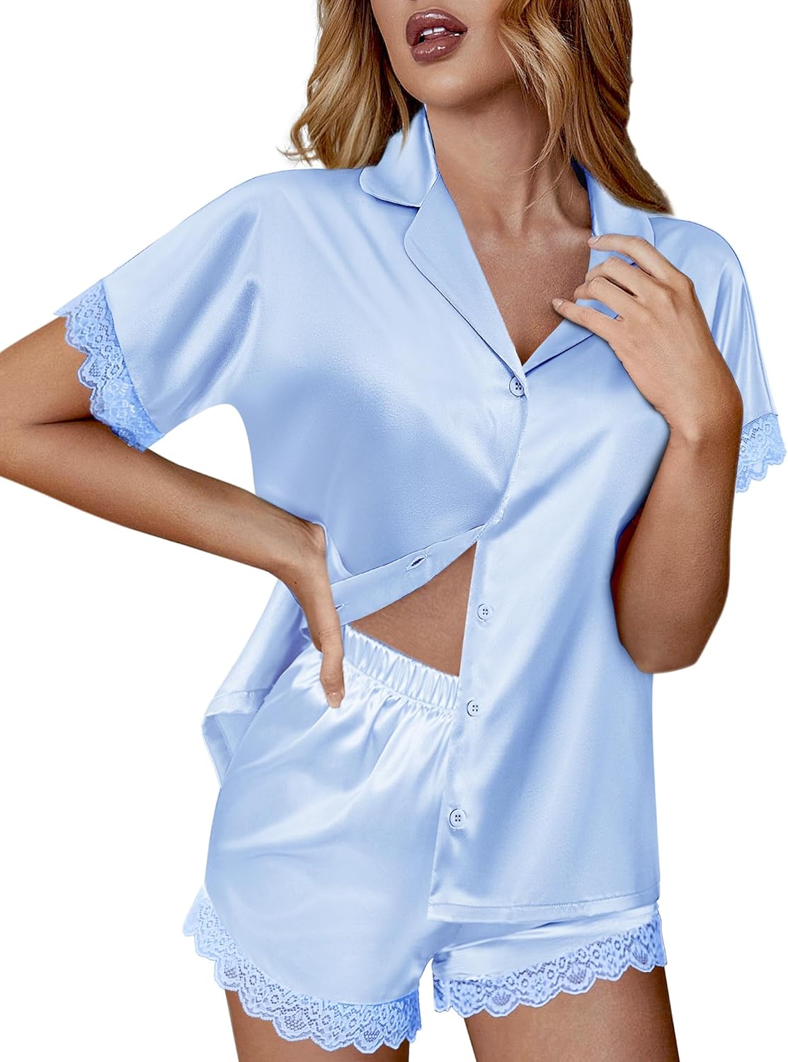 Light blue satin pajama set with short-sleeve button top and lace-trimmed shorts
