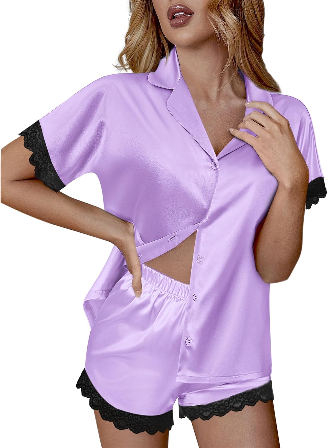 Lavender satin pajama set with button V-neck top and lace-trim shorts with elastic waist