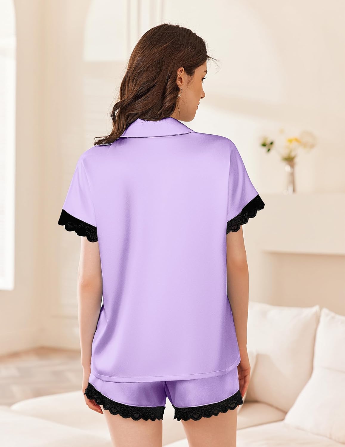 Lavender satin pajama set with short-sleeve button top and lace-trim elastic waist shorts