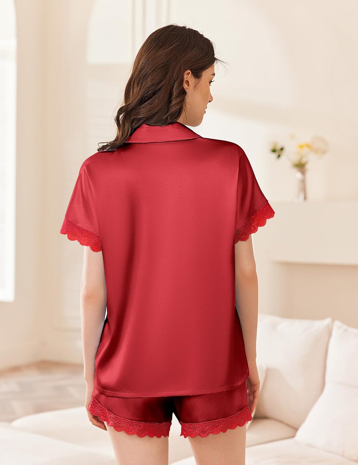 Satin silk pajama set with lace-trimmed shorts, rose red top and shorts