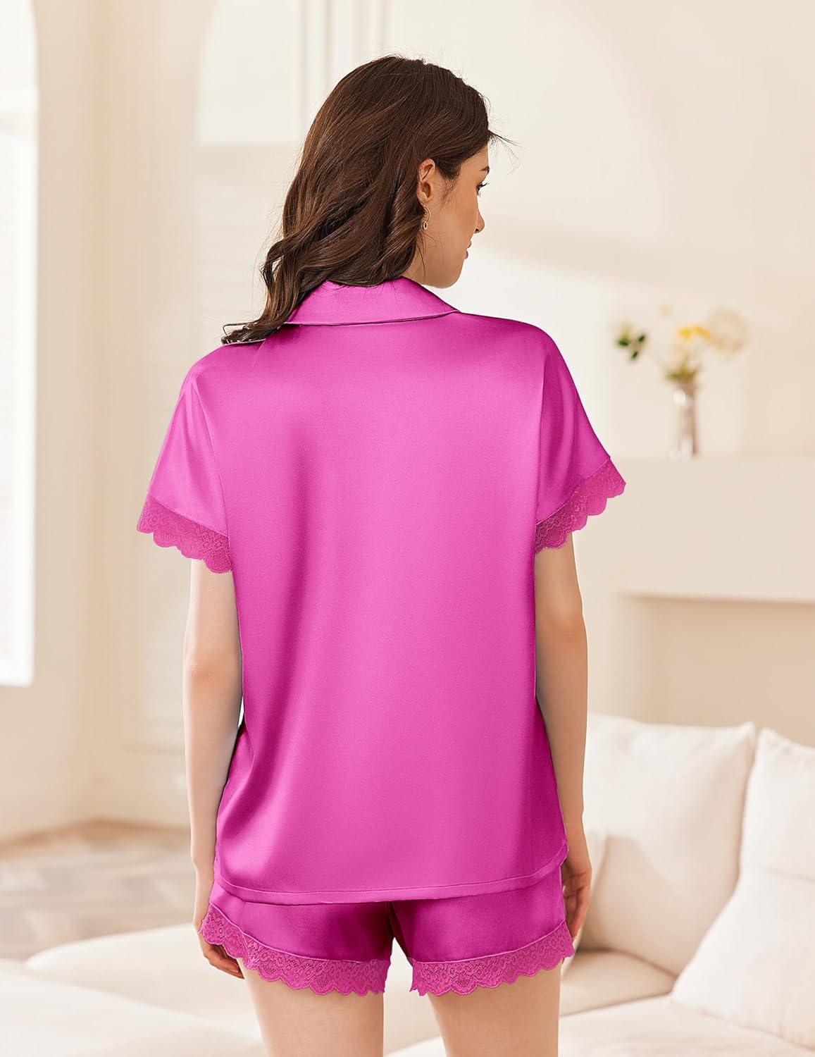 Satin silk pajama set with lace-trimmed shorts, hot pink short-sleeve top and shorts