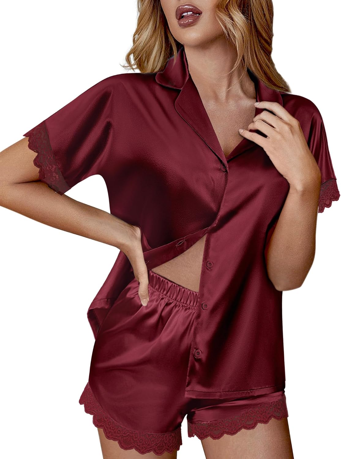 Satin silk pajama set with lace trim, wine red button-up top and matching shorts
