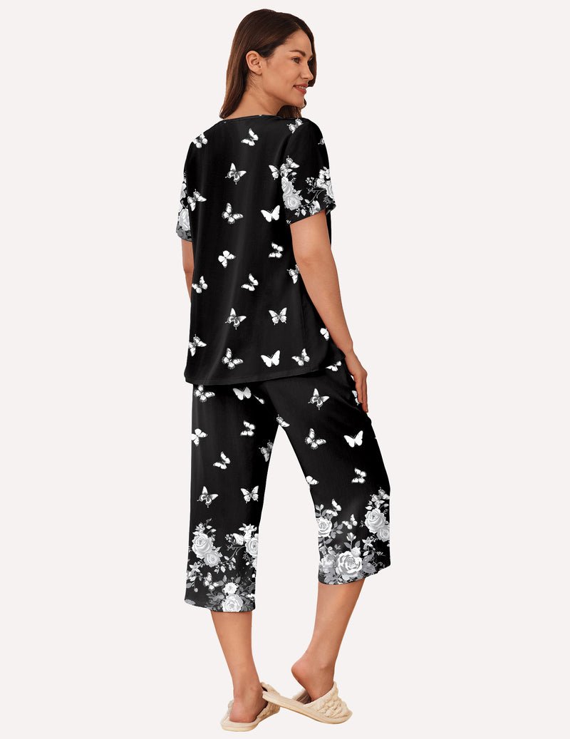 Ekouaer Short Sleeve Capri Pyjamas Set With Pockets