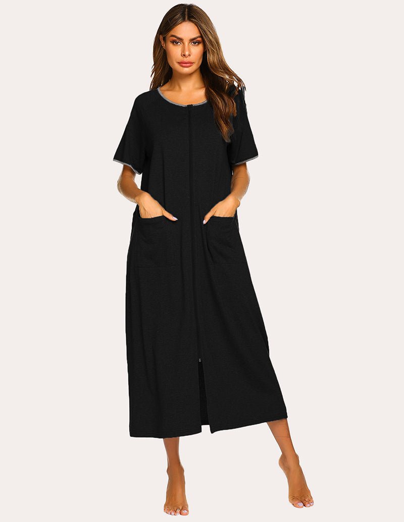 Black short-sleeve full-length loungewear dress with front zip and side pockets