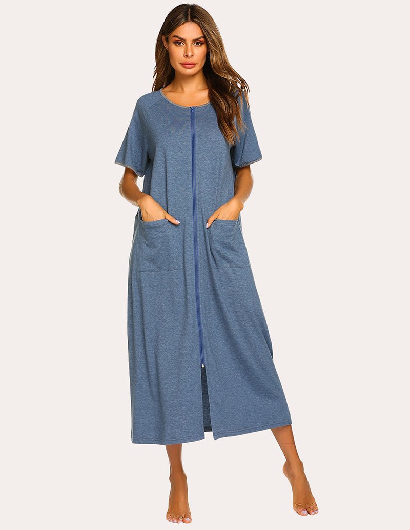 Blue short-sleeve full-length loungewear dress with front zip and side pockets