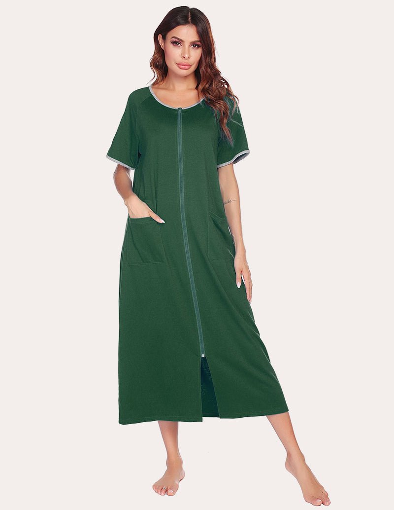 Green short-sleeve full-length loungewear dress with front zip and roomy side pockets