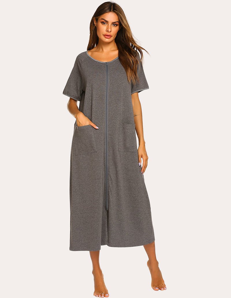 Light grey short-sleeve full-length loungewear dress with front zip and side pockets