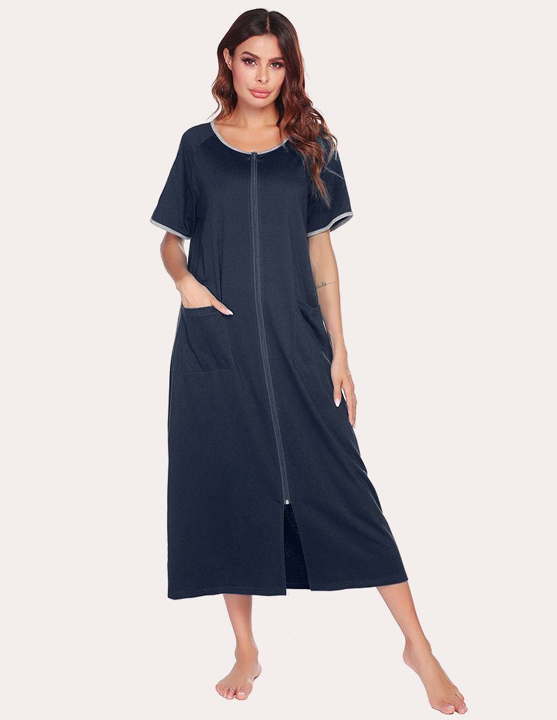 Navy short-sleeve full-length loungewear dress with front zip and side pockets