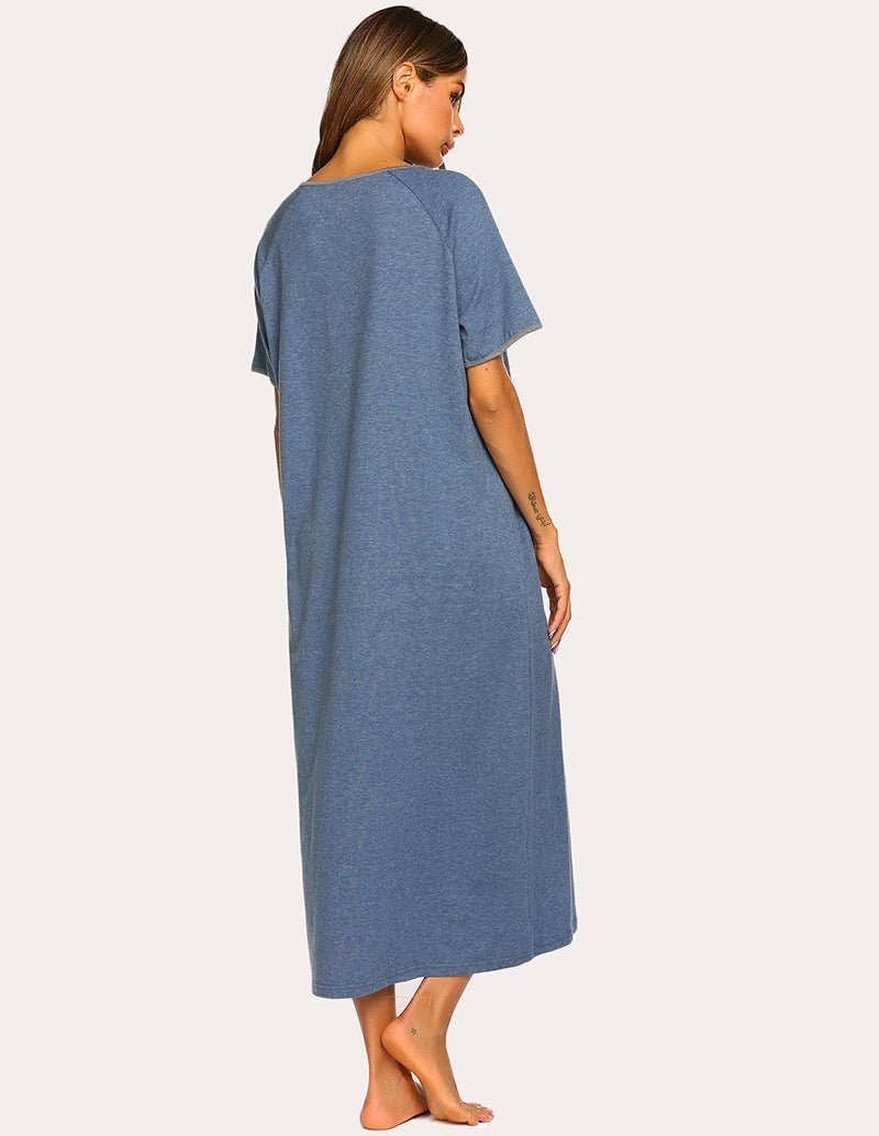 Blue short-sleeve long loungewear dress, back/side view with crew neckline