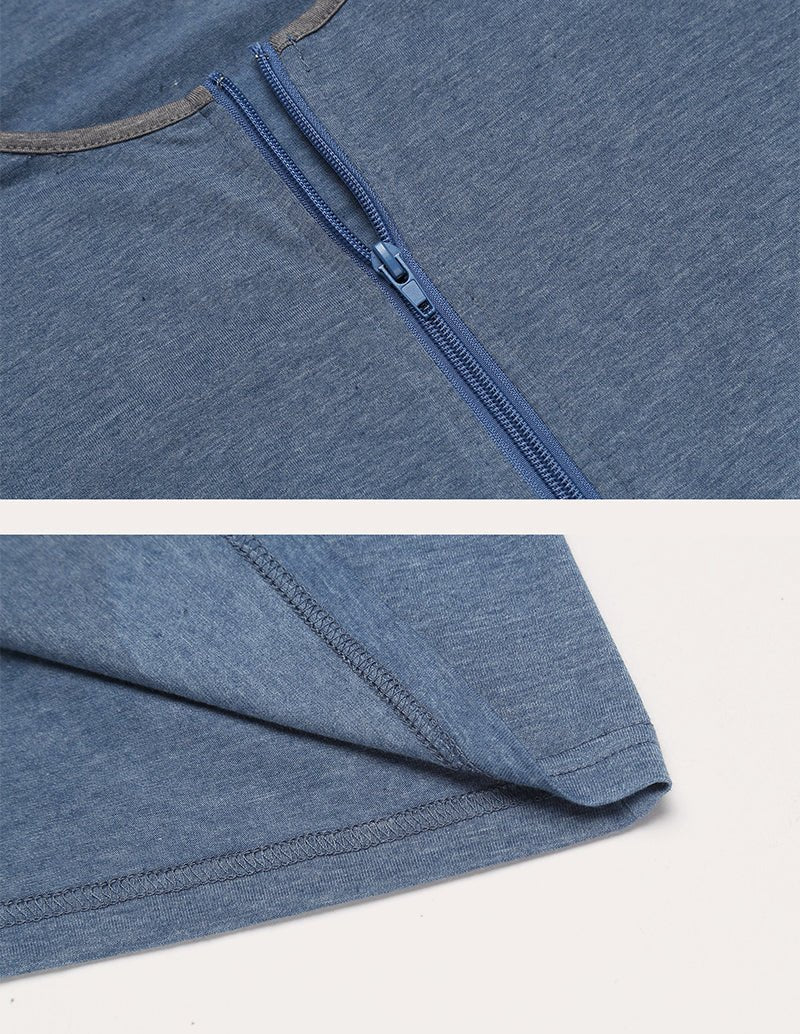 Blue loungewear dress close-up of hem and stitched seams, knit fabric