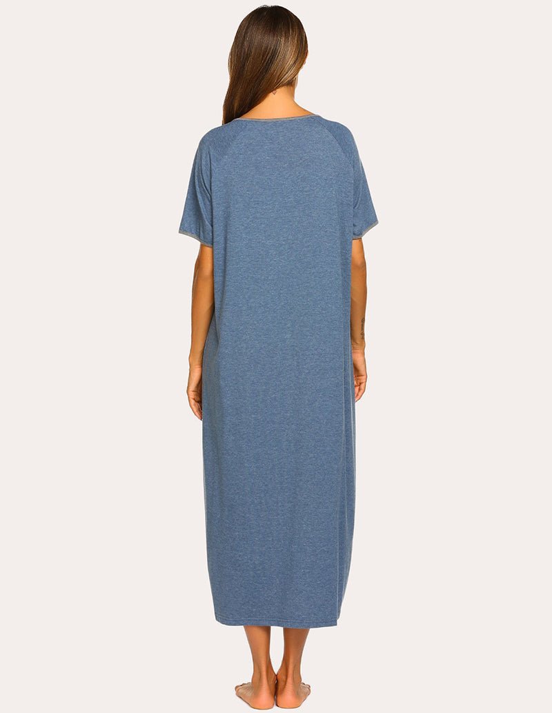 Blue long loungewear dress with short sleeves, full-length back view