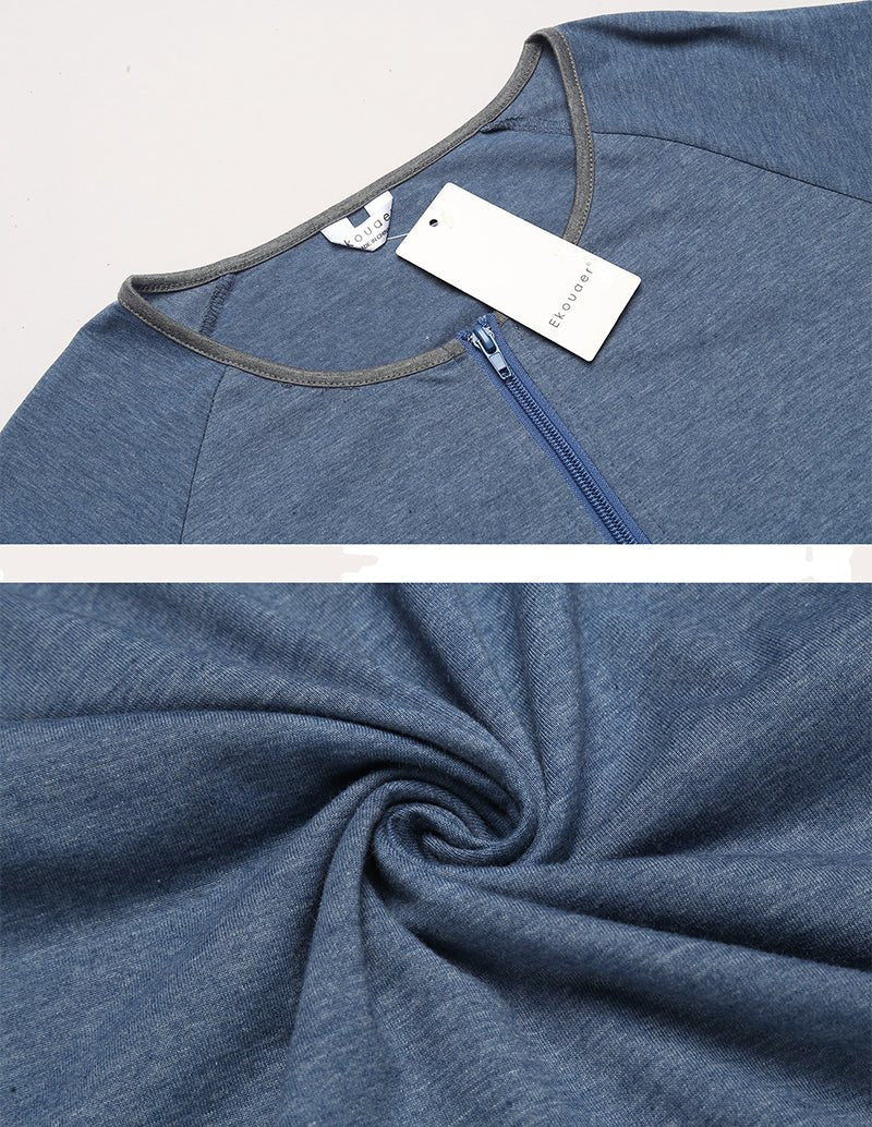 Blue long loungewear dress close-up: crew neck, short sleeve, zipper