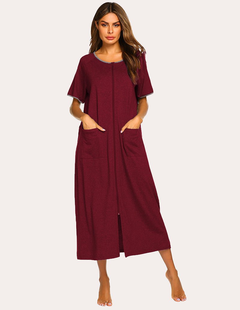 Red short-sleeve full-length loungewear dress with front zip and side pockets
