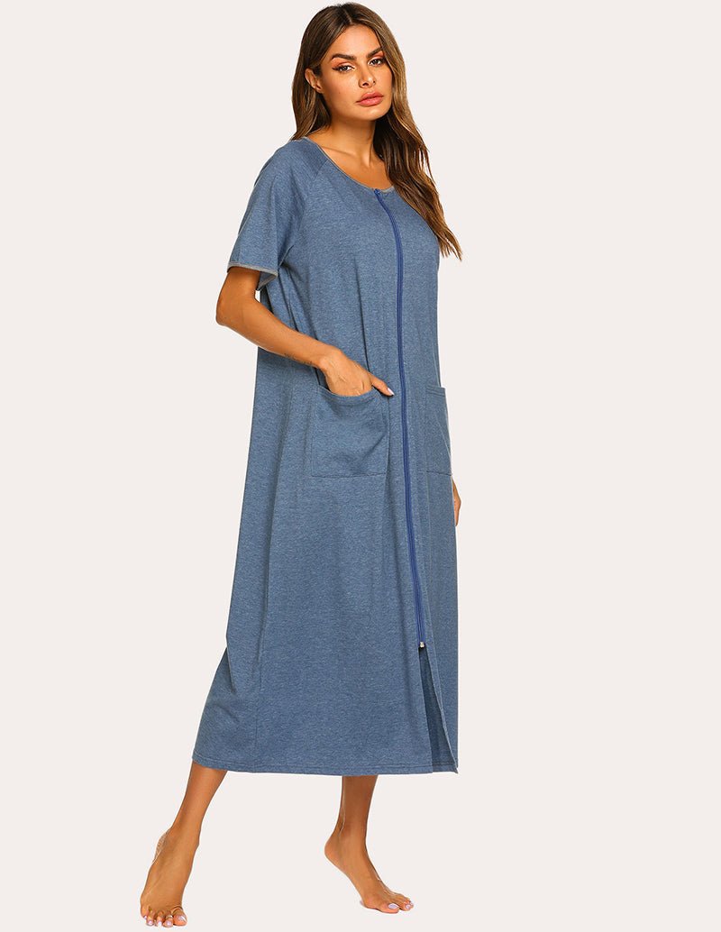 Blue short-sleeve full-length loungewear dress with front zip and large side pockets