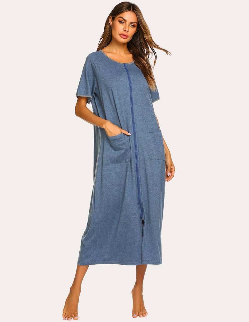 Blue short-sleeve long loungewear with front zip, side pockets, and center front split