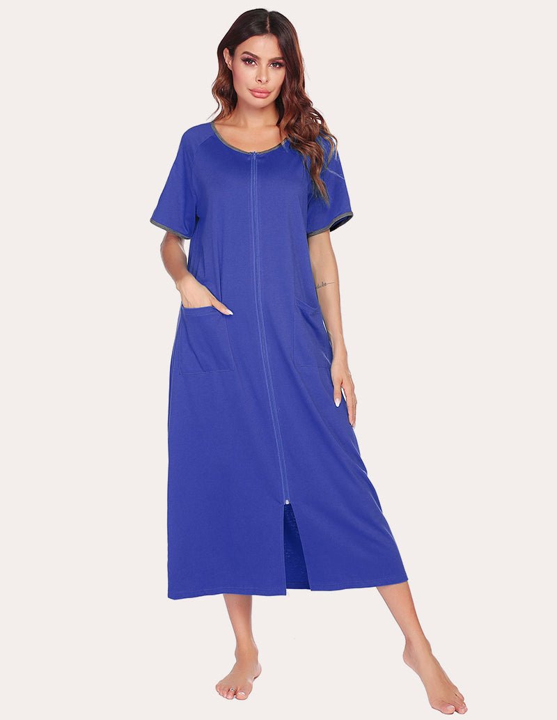 Sky blue short-sleeve full-length loungewear dress with front zip and side pockets