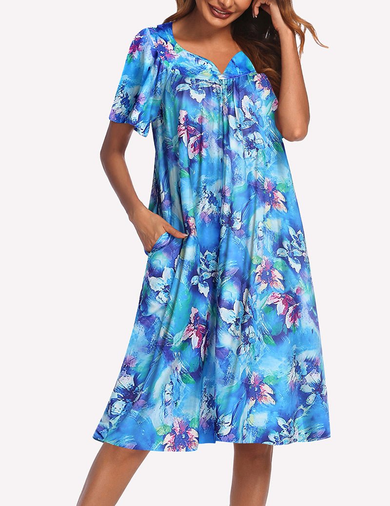 Blaues Blumen-Kurzarm-Nachthemd mit V-Ausschnitt und Knopfleiste, schwingender Rock