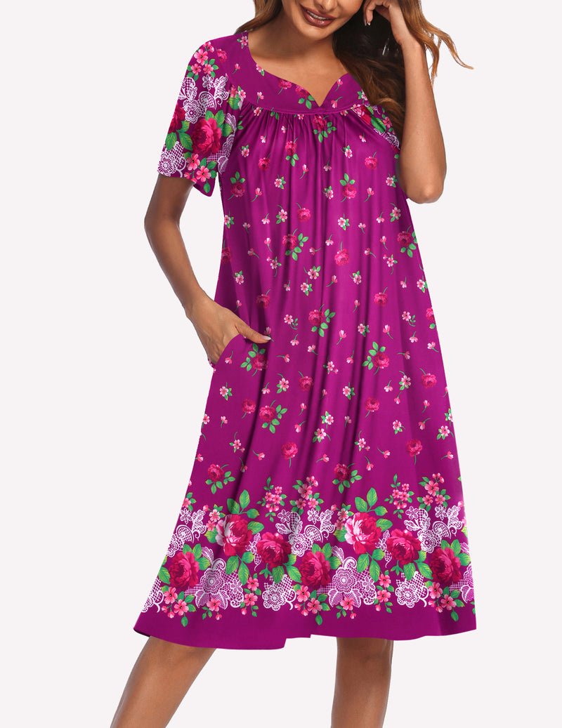 Magenta floral short-sleeve nightgown with V-neck and gathered bodice