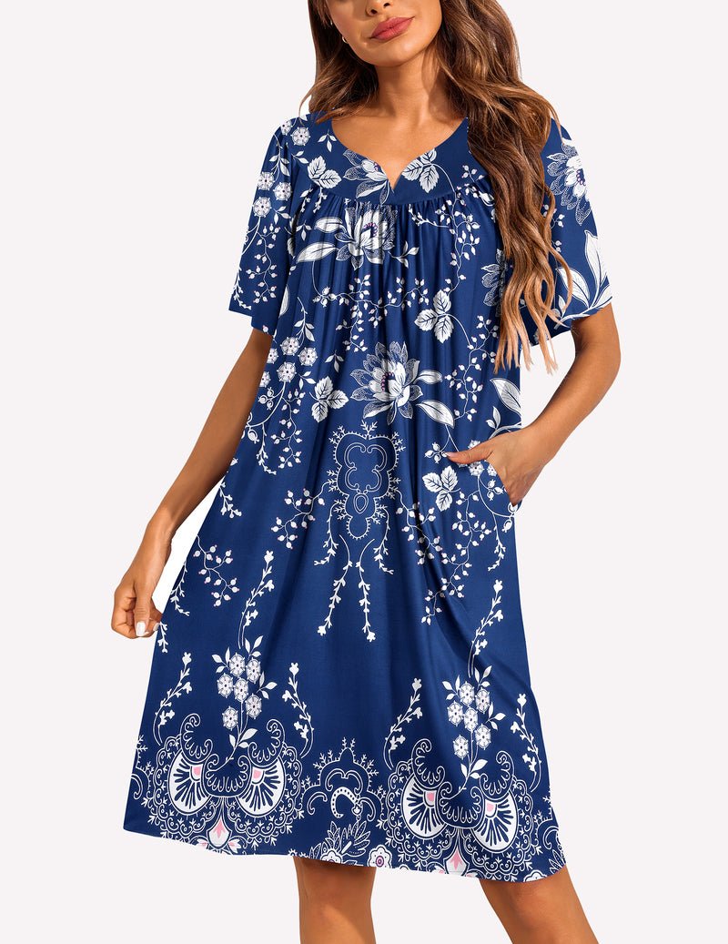Navy blue floral short-sleeve nightgown with V-neck, flared midi skirt