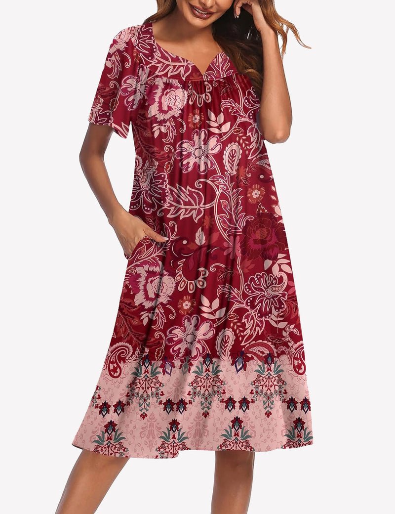 Burgundy and light-pink floral short-sleeve nightgown with V-neck, midi