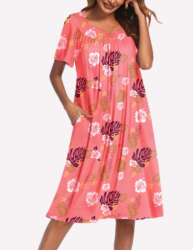 Coral pink floral short-sleeve V-neck nightgown, relaxed midi length