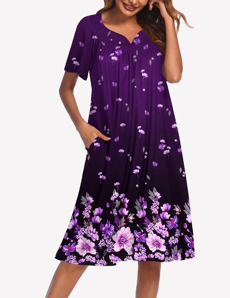 Purple floral short-sleeve nightgown with V-neck, gathered skirt