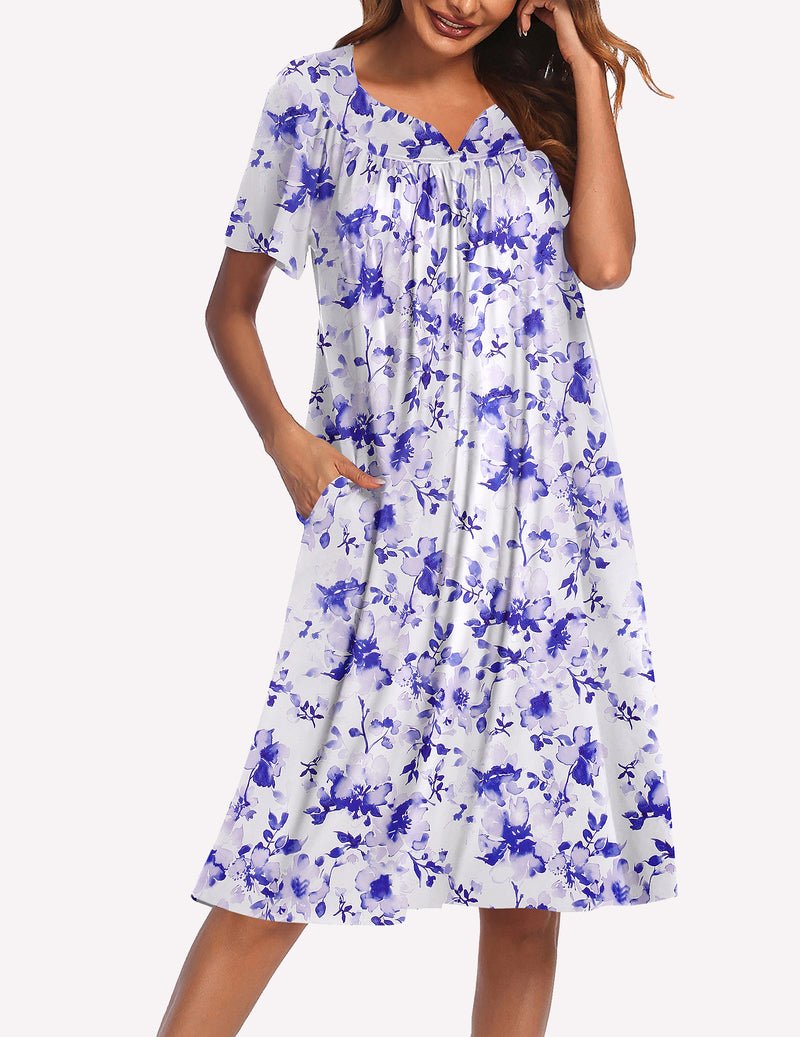 Blue floral short-sleeve nightgown with gathered neckline and tiered skirt
