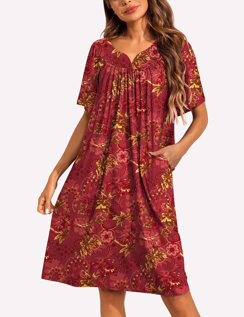 Deep red floral short-sleeve nightgown with gathered neckline, midi length