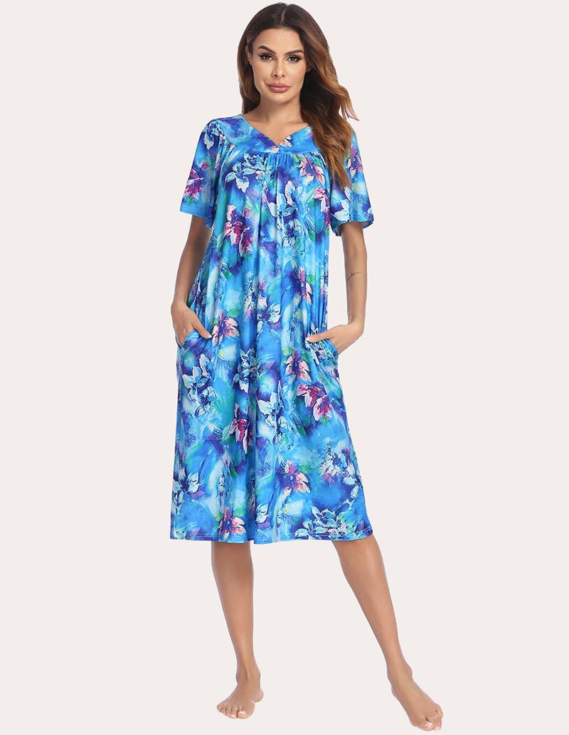 Aqua multi floral short-sleeve nightgown with V-neck, relaxed midi fit
