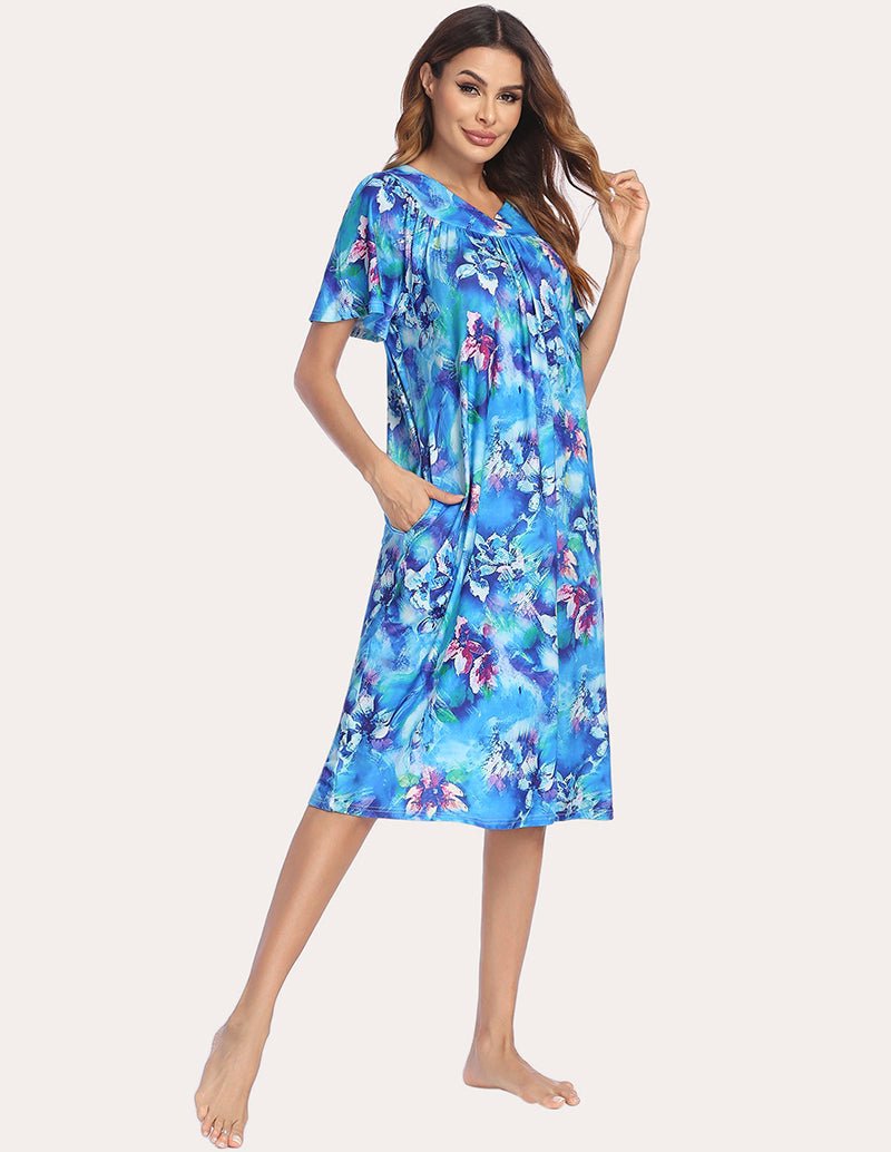 Aqua floral short-sleeve V-neck nightgown, flowy midi length