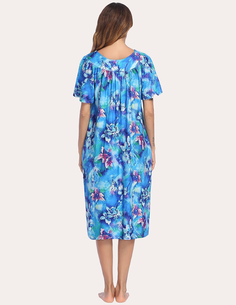 Aqua floral short-sleeve nightgown with rounded back, midi length