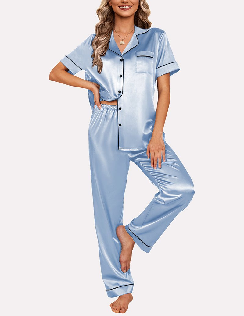 Light blue silk satin pajama set, short-sleeve button top and ankle-length pants