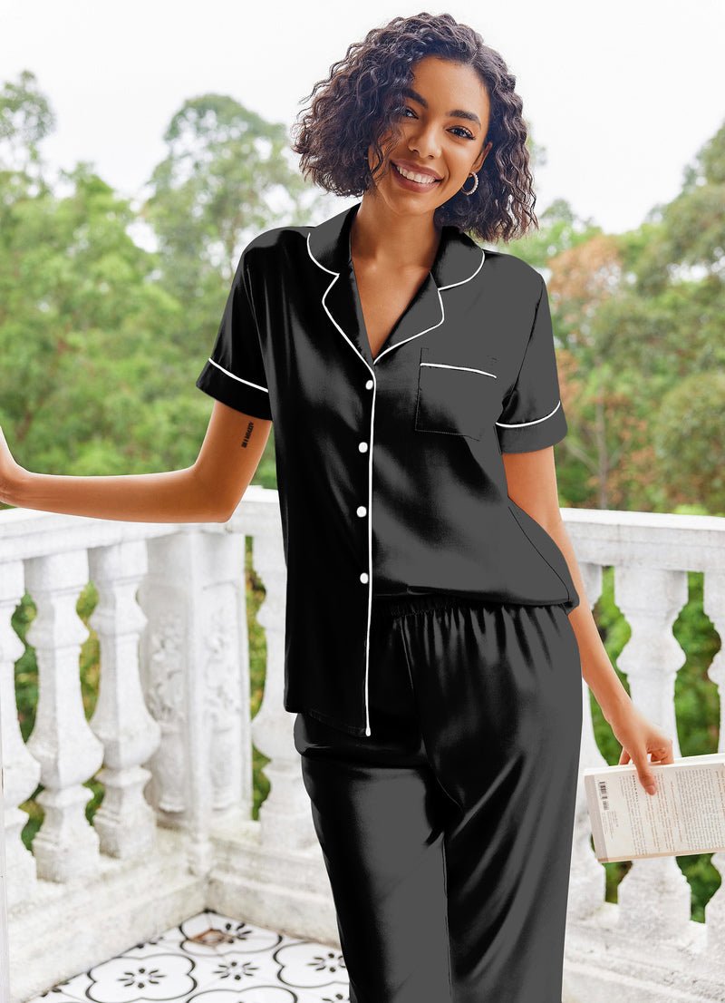 Black silk satin pajama set with chest pocket, button-up top, elastic-waist pants