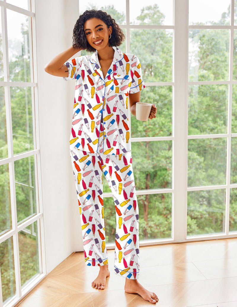 Short-sleeve silk satin pajama set: button-up top and long pants, multicolor print