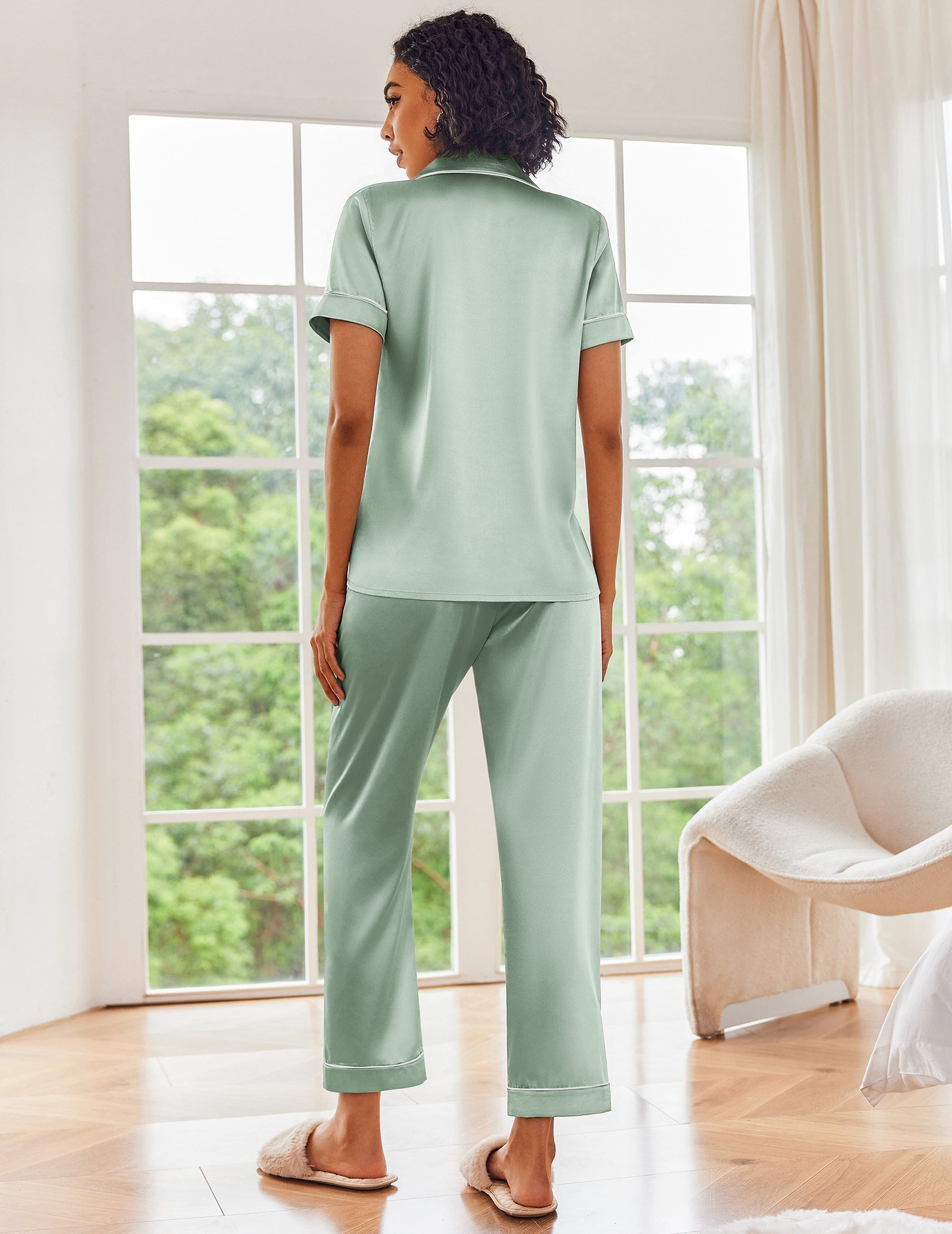 Light green pajama set—short-sleeve shirt and ankle pants with button front detail