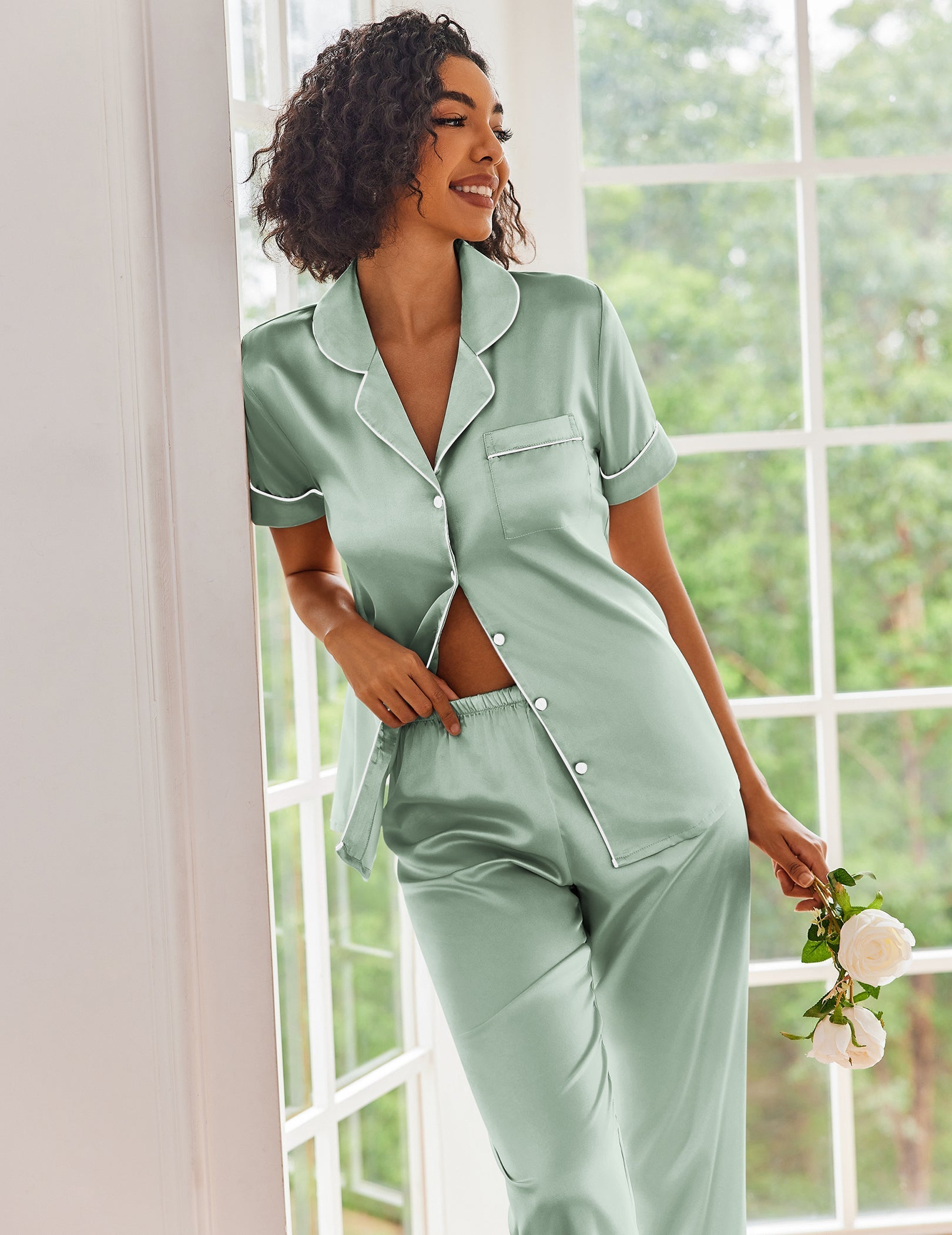 Light green silk satin pajama set, short-sleeve button top and matching pants